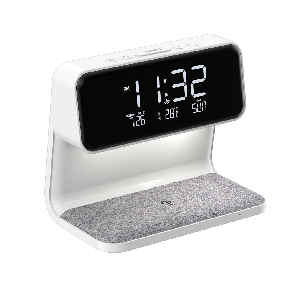 White 3-in-1 bedside lamp with wireless charging pad, LCD screen clock, and touch dimming.