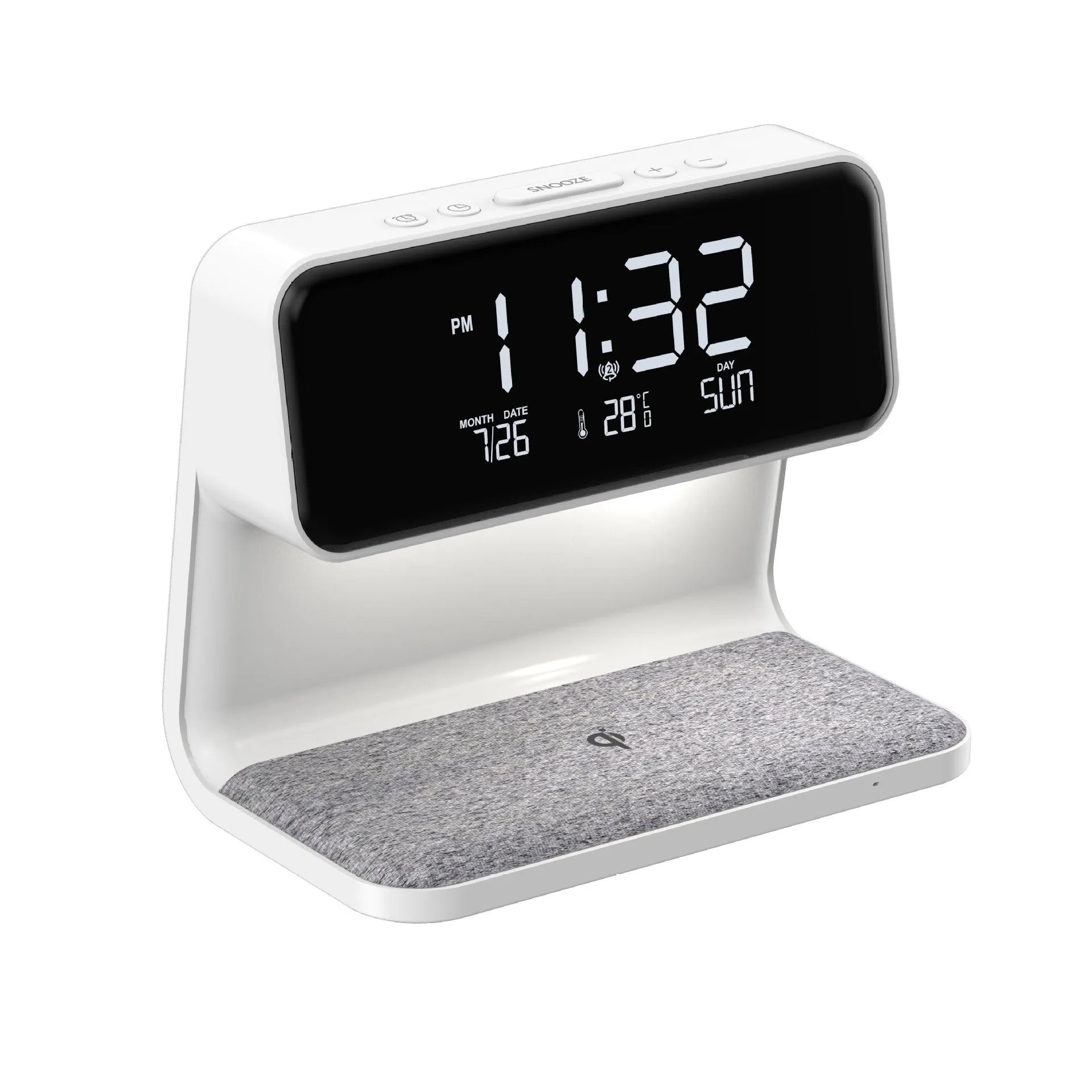 White 3-in-1 bedside lamp with wireless charging pad, LCD screen clock, and touch dimming.