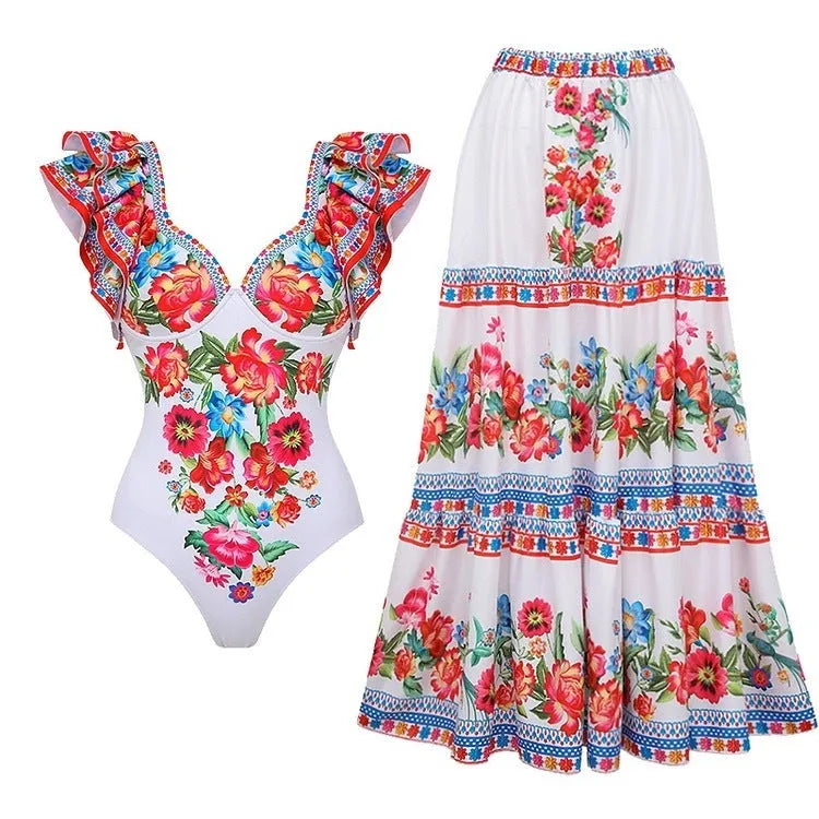 Women's printed one-piece swimsuit in polyester fabric showing suit-style design.