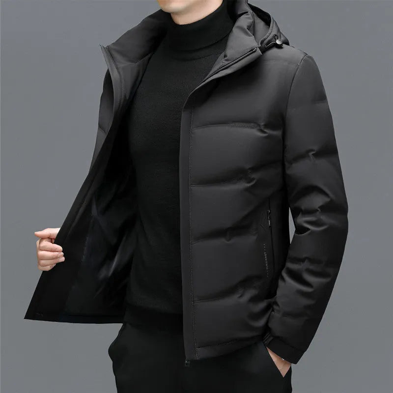 Men's thick down jacket in black with detachable hood, white duck down filling, loose fit