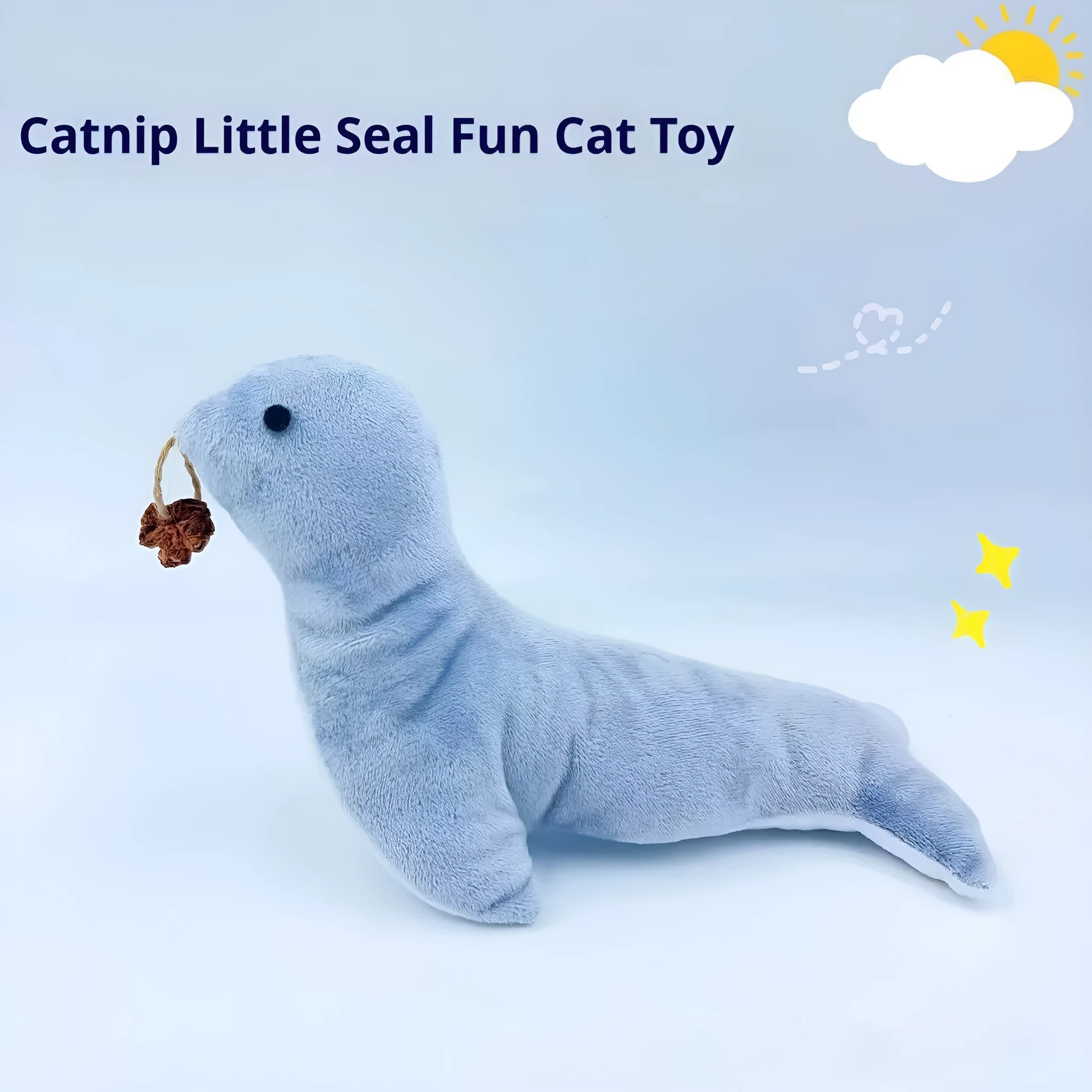Blue sea lion plush cat toy containing bell and catnip for interactive play