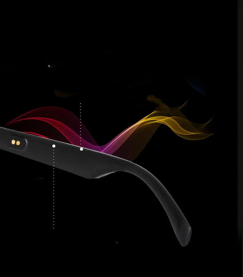 Black smart glasses with Bluetooth open-ear speakers, polarised lenses, and a sporty PC+ABS frame.