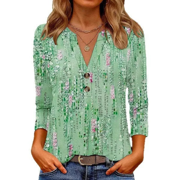 Women's loose-fit casual V-neck t-shirt with a 3D effect printed pattern.