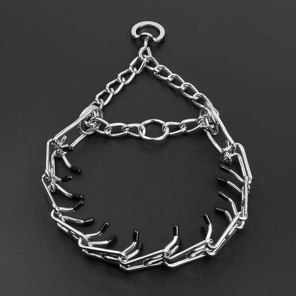 Stainless steel dog prong training collar with rubber tips showing adjustable chain links
