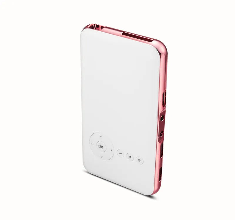 White and rose gold M6S miniature Android projector showing compact dimensions and DLP lens