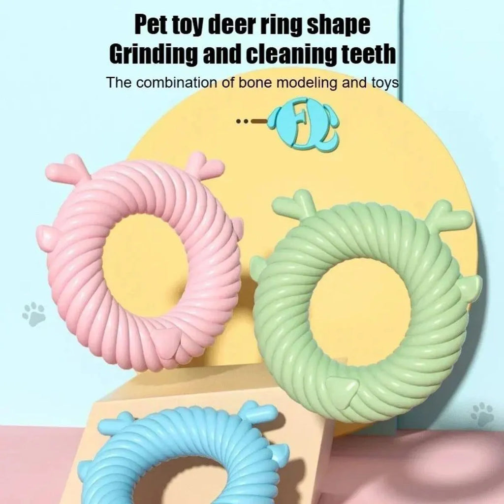 Deer-shaped dog chew toy with spiral grooves for teeth cleaning in light blue colour