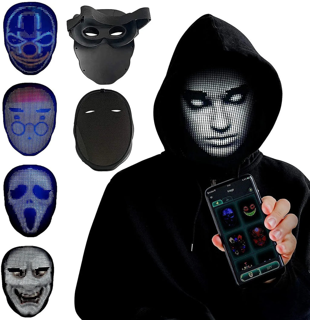 LED luminous face mask with full colour display showing character design, featuring gesture control sensor and comfortable silicone interior