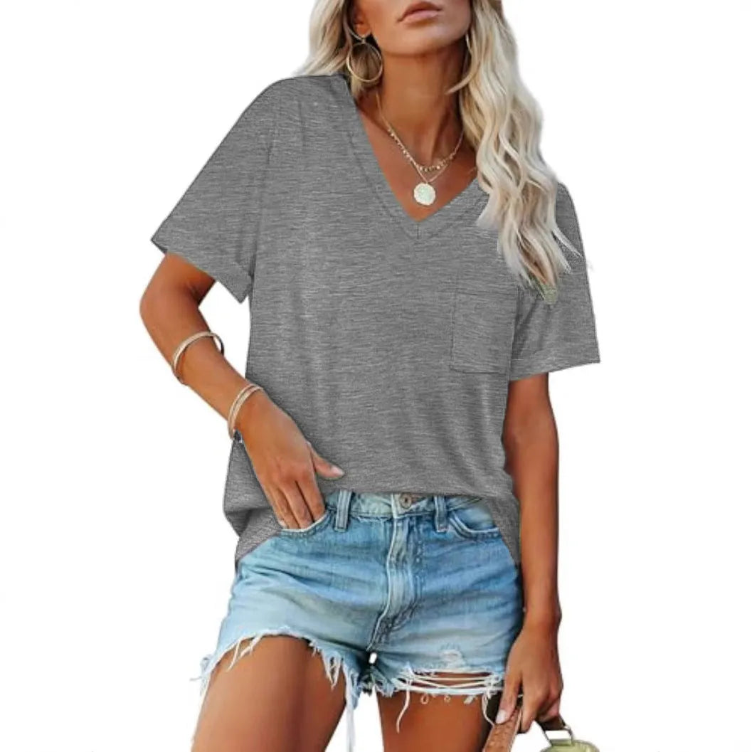 Grey loose fit men's V-neck t-shirt with a chest pocket on the front.