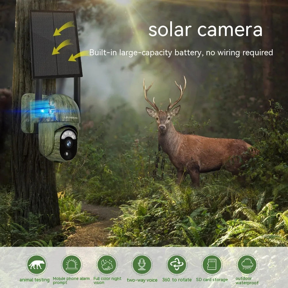 Camouflage 4G solar security camera with 6W solar panel, 4MP 2K full colour lens, ABS housing, 250*230*188mm