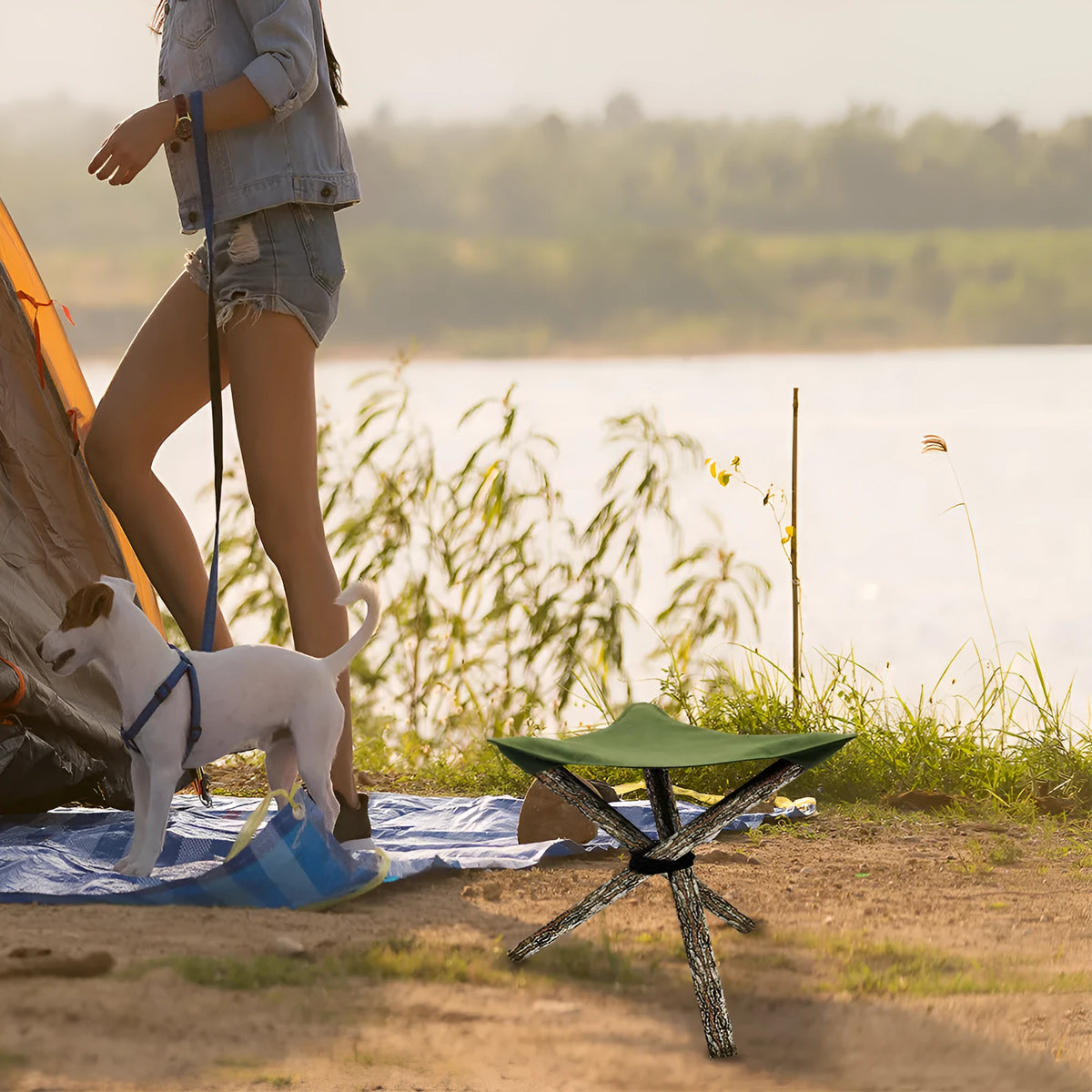Folding portable camping stool with triangular fabric seat in black, army green, khaki, or brown