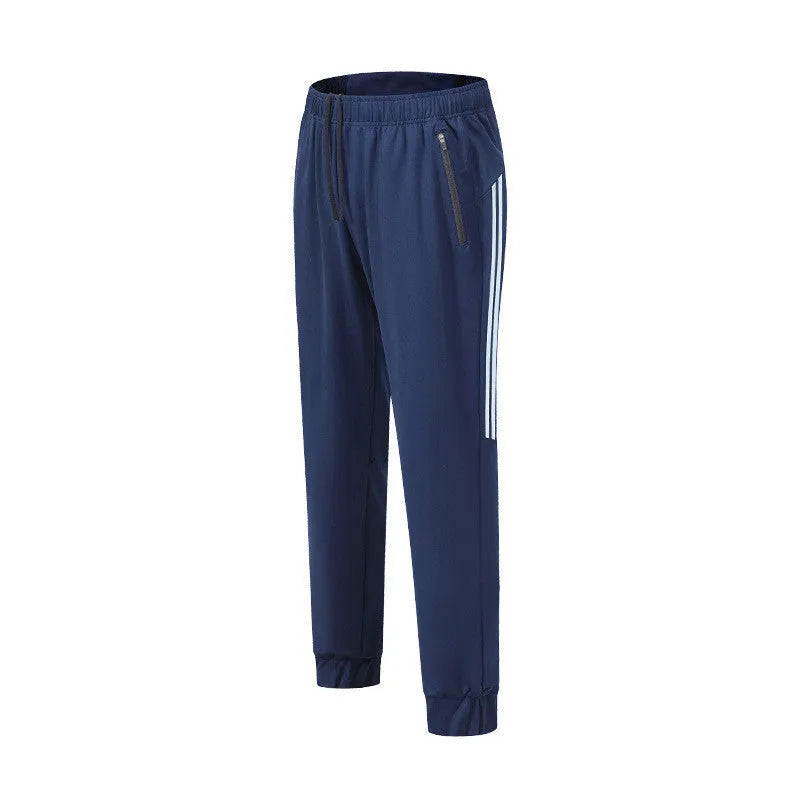 Black and navy blue men's polyester running trousers with mid waist.