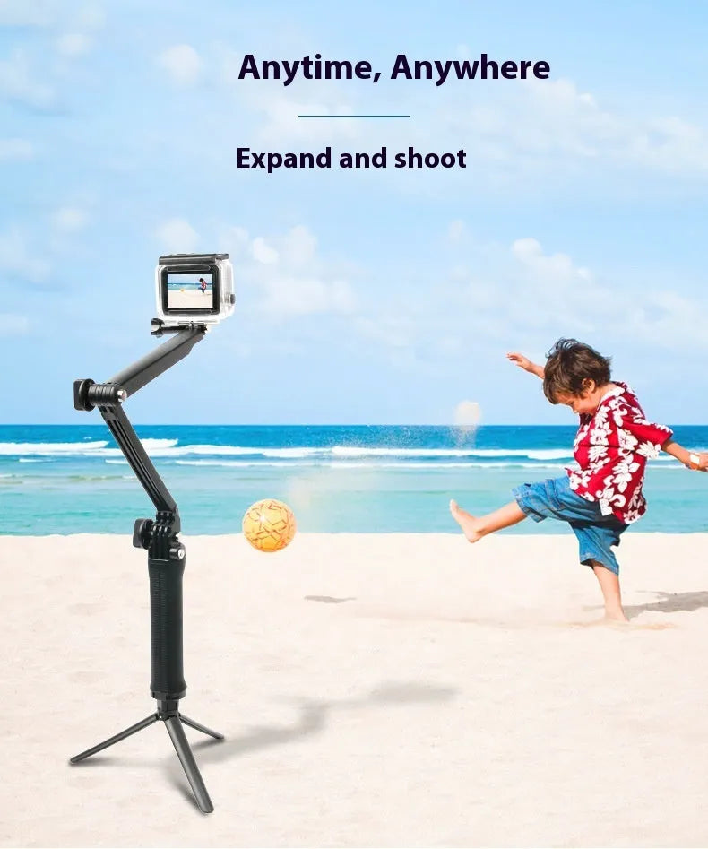 Black portable folding tripod bracket for GoPro Hero action cameras shown in open and closed positions