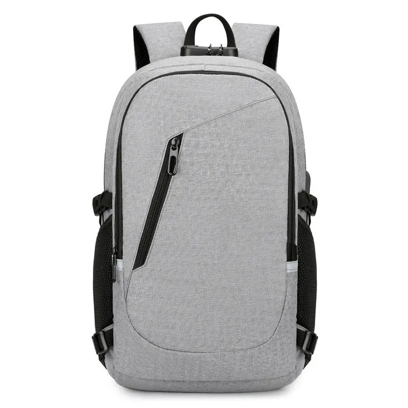 Solid-colour Oxford cloth computer backpack with 20-35L capacity in grey, black, blue, or red options.