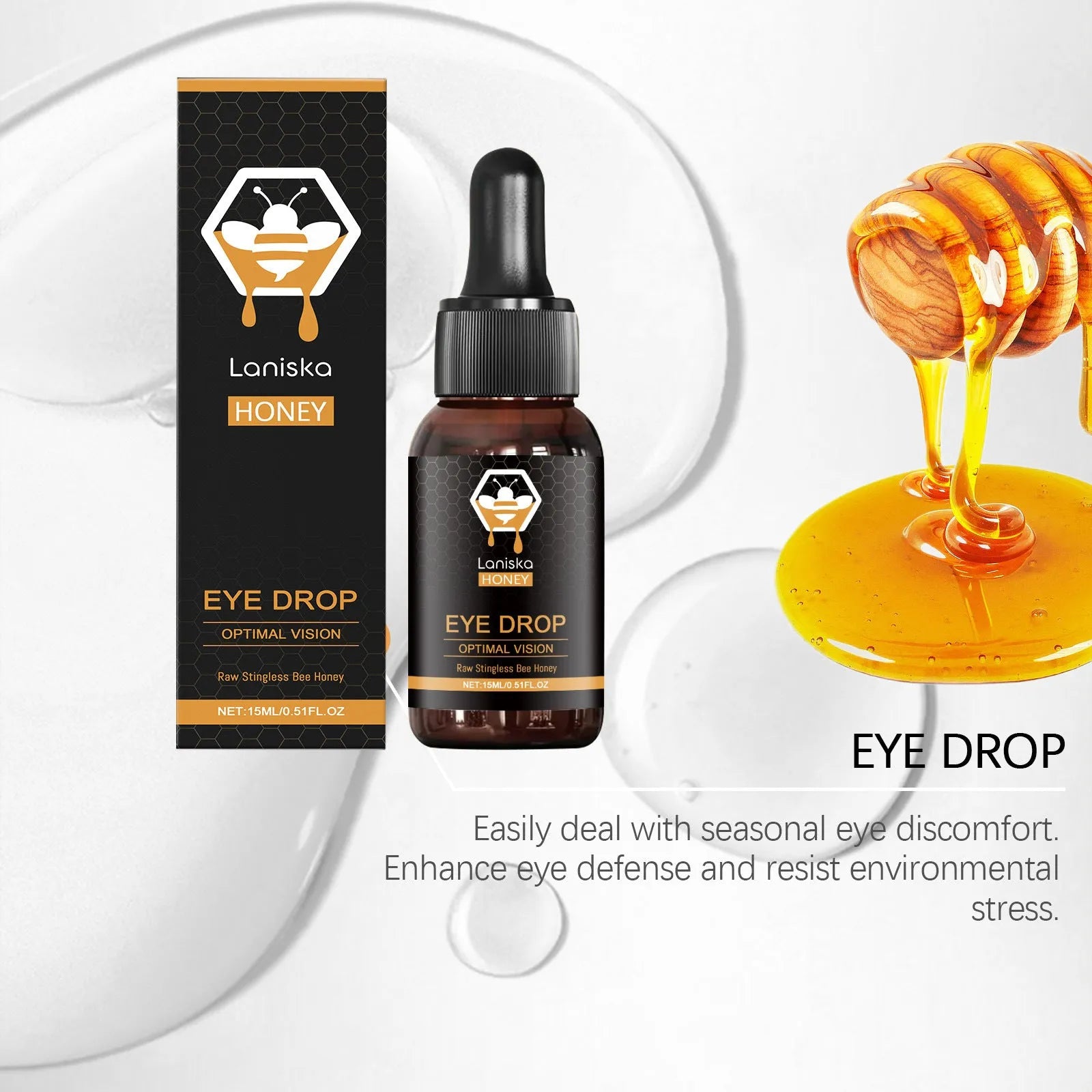 15ml bottle of honey eye drops for dry eyes and fatigue relief with natural active ingredient