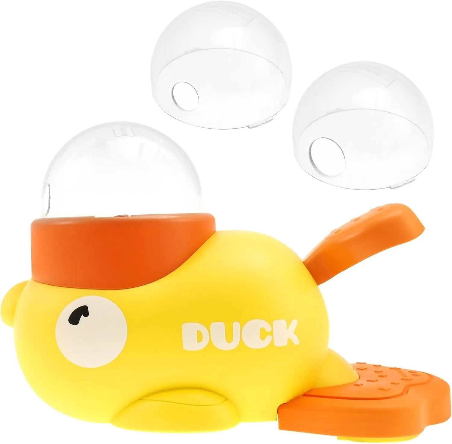 Yellow duck-shaped dog treat dispenser with rotating food container and non-slip base on floor