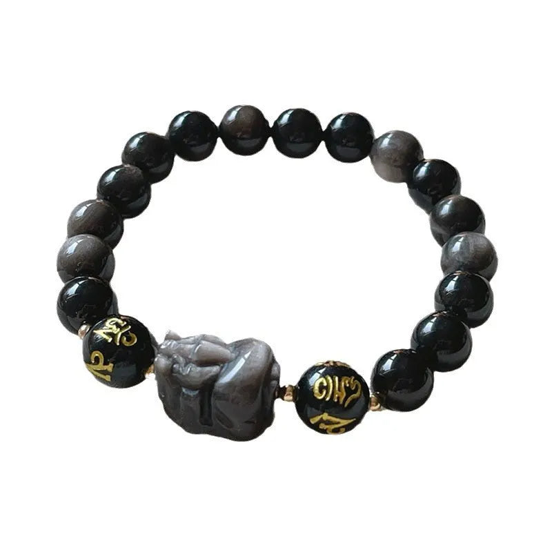 Natural silver stone men's bracelet with beaded zodiac and proverb design in Chinese style