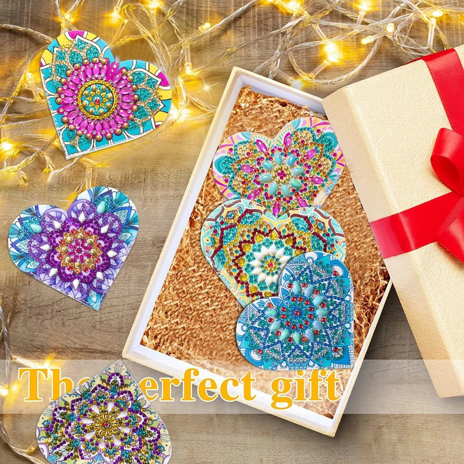 Set of six handmade brown leather bookmarks with sparkling crystal flowers attached.