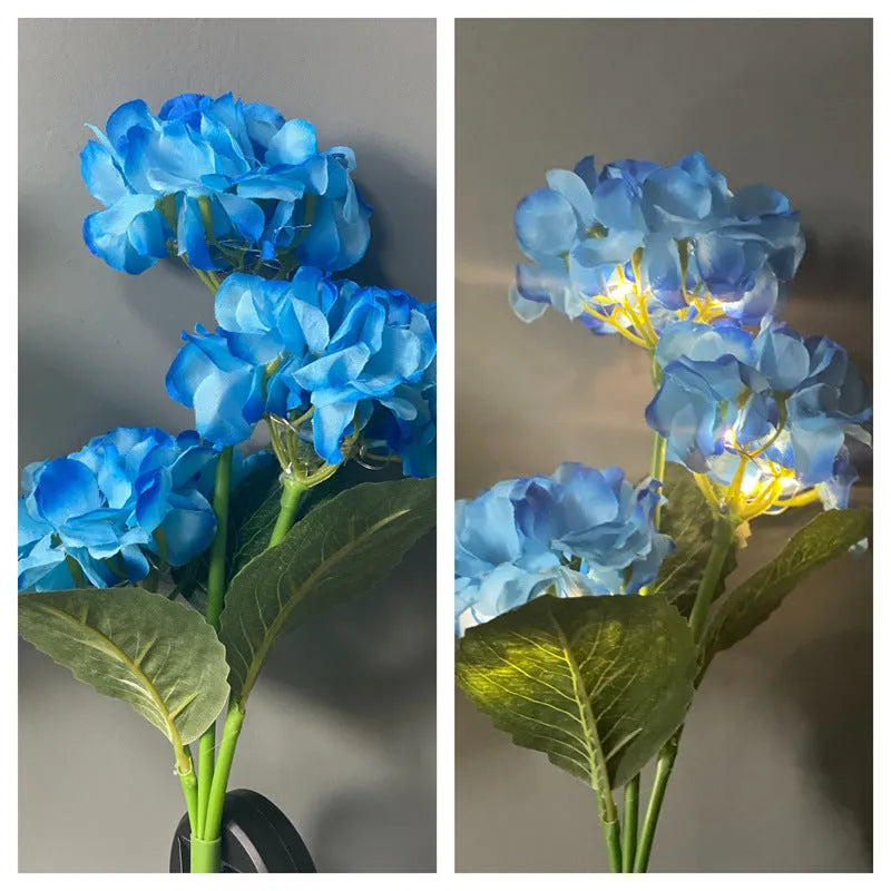 Solar hydrangea garden decorative light in outdoor setting showing flower design