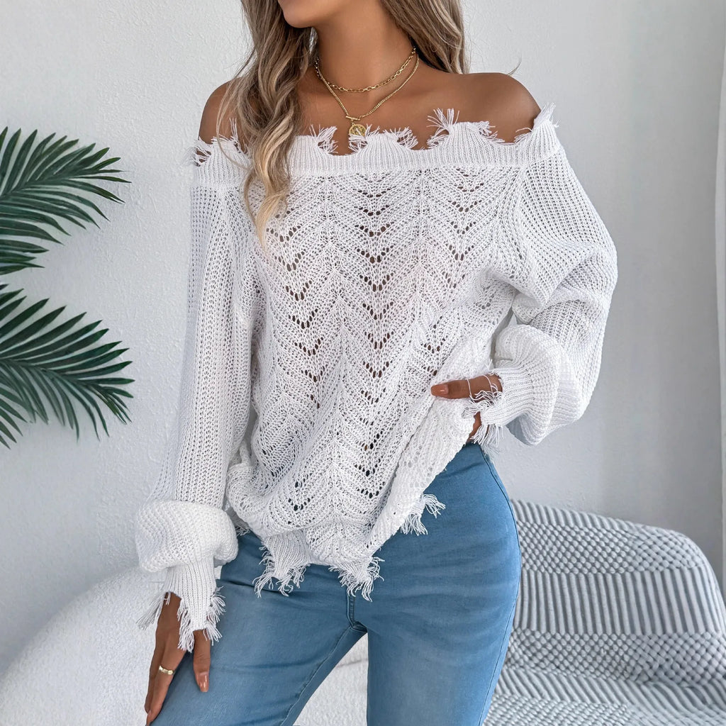 White women's hollow-out off-the-shoulder long sleeve acrylic wool pullover sweater