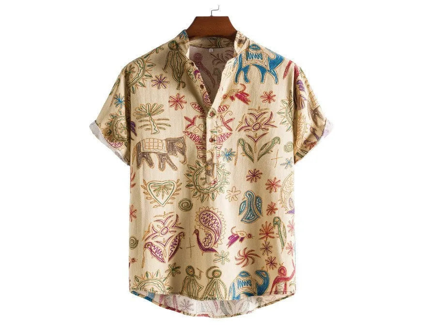 Man wearing a plus-size loose-fit casual shirt with a 3D digital print pattern.