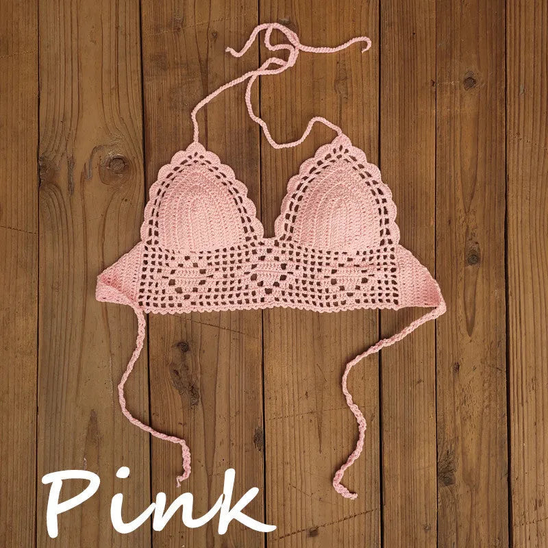 Women's backless acrylic bikini swimsuit top on a mannequin, shown in a light colour.