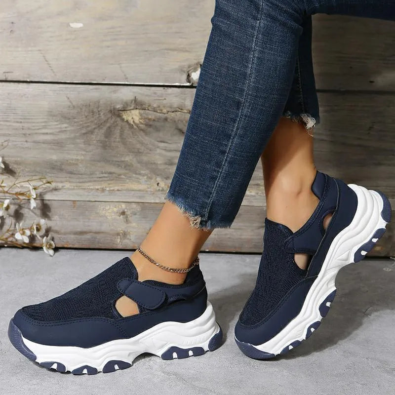 Women's mesh sport shoes with flat heel round toe Velcro closure in red black and blue colours
