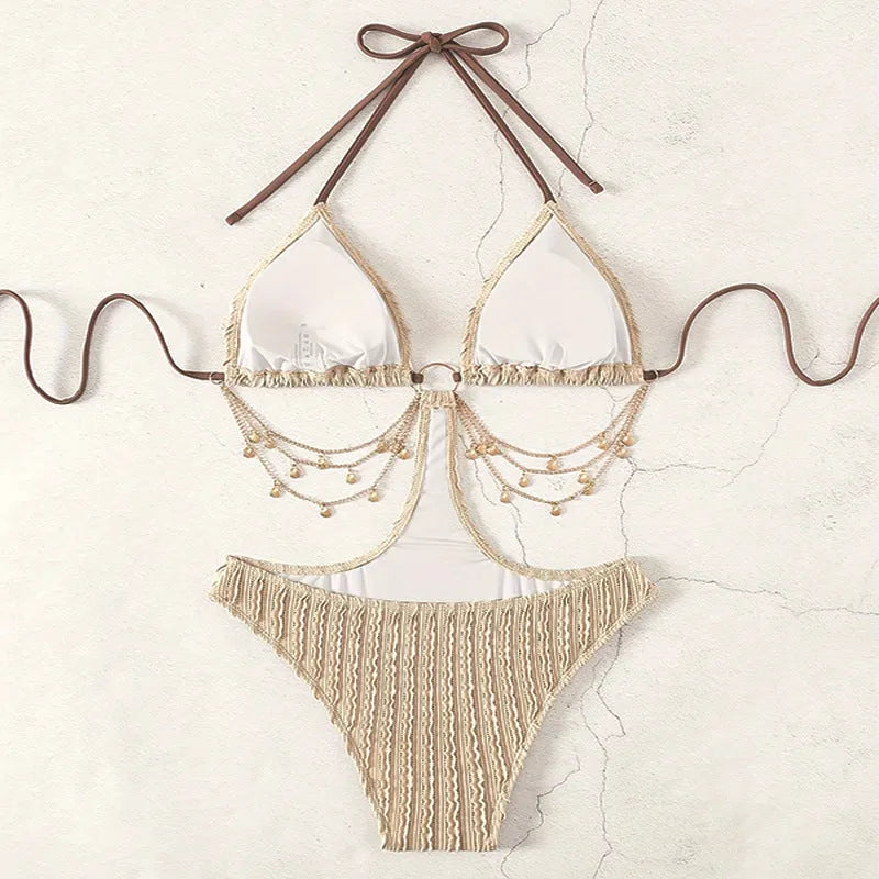 Lace-up cutout one-piece swimsuit for women in polyester, solid colour khaki or red, sizes S to XL