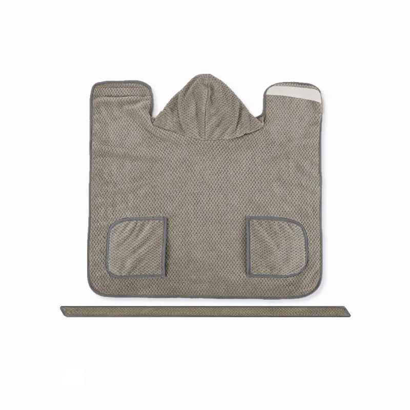 Blue adjustable dog bath robe towel wrapped around a dog, showing the waistband fastener and absorbent fabric.