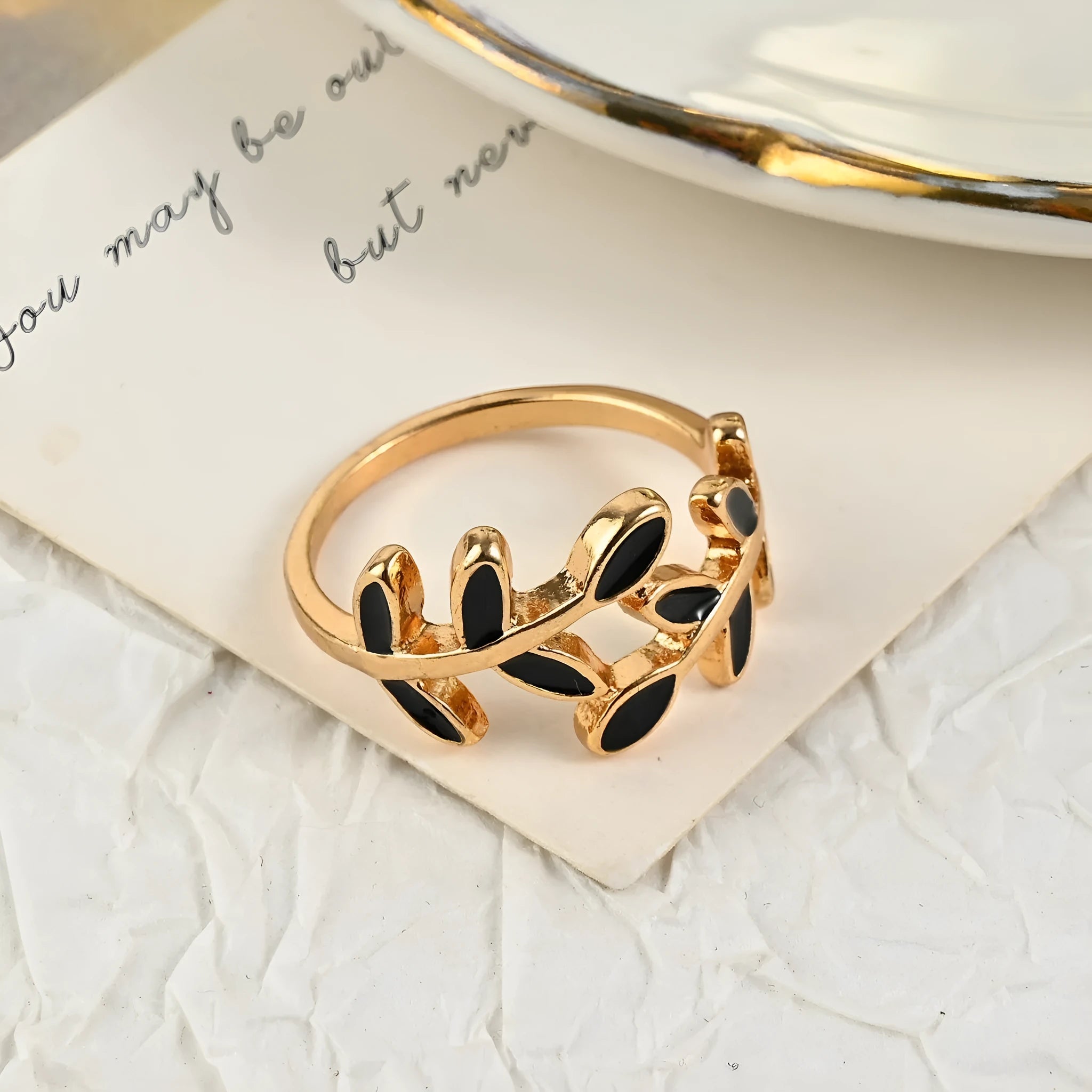 Gold acrylic leaf geometric fashion ring with electroplated finish and flower shape