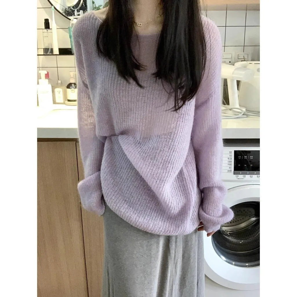 Women's purple ice silk blouse with hollow-out design and princess sleeves, loose fit pullover.