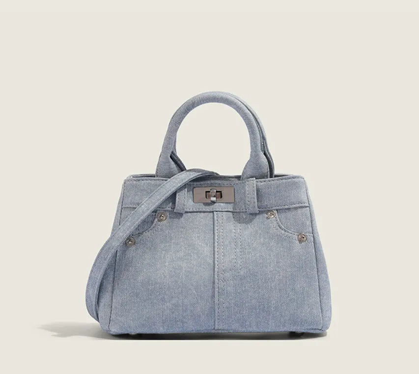 Women's denim blue PU shoulder handbag with polyester lining, standard size