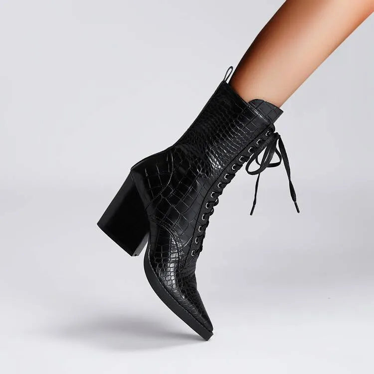 Retro dark brown women's ankle boots with pointed toe, chunky heel, side zipper, and stone pattern stitching.