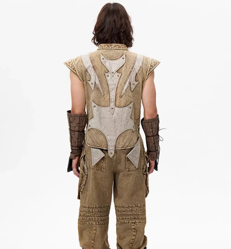 Men's denim pleated vest in picture colour with Korean style detailing and cotton construction