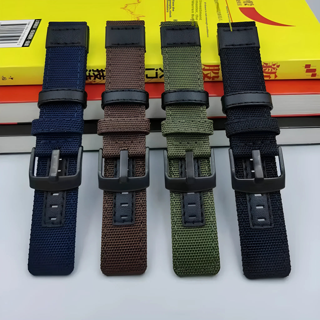 Oxford cloth replacement watch strap in camouflage colour, showing the textured fabric and buckle.