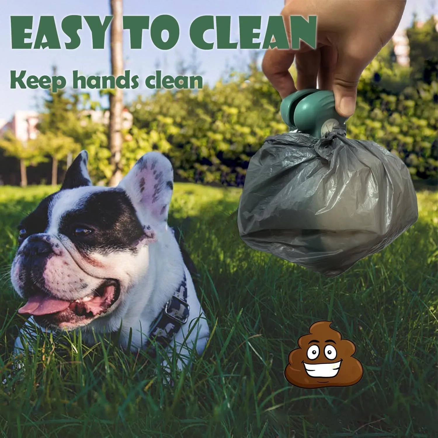 Blue handheld dog pooper scooper with clip and integrated waste bag compartment