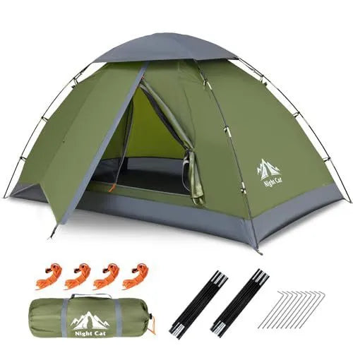 Dark green two-person camping tent with automatic instant setup showing compact dimensions