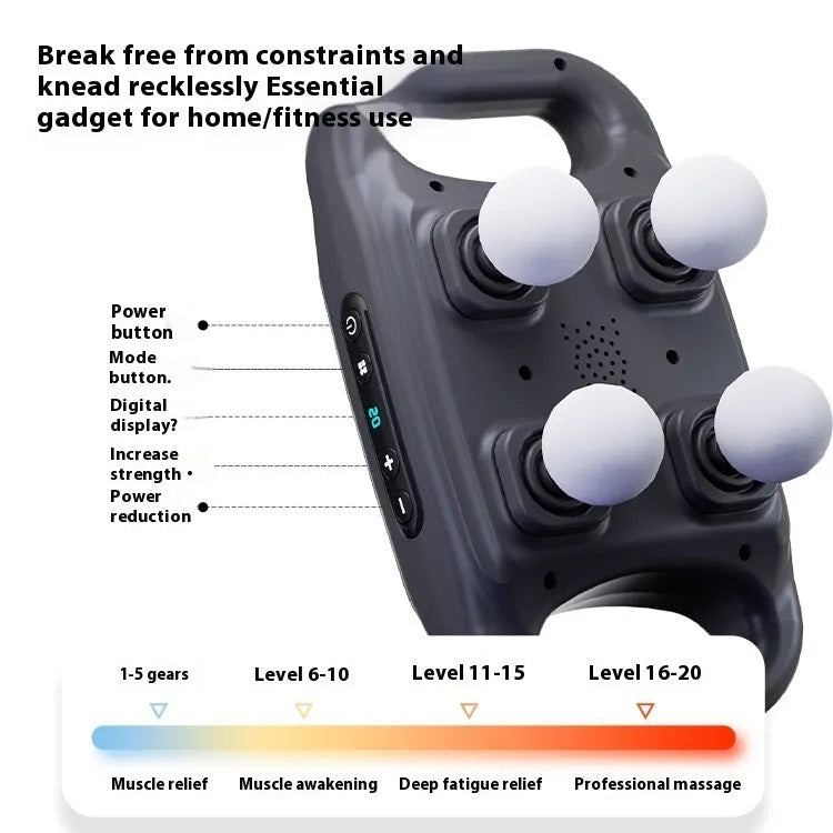 Rechargeable high-power four-head massager in black with multi-gear adjustment and Type-C charging port