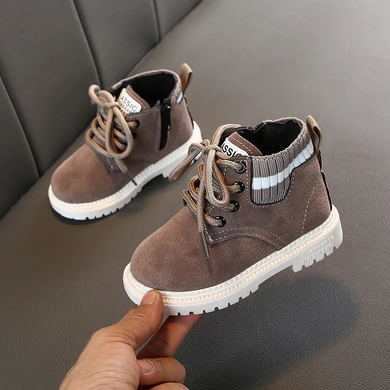 Children's Martin snow boots with side zip, synthetic leather upper, rubber sole, thickened winter design, sizes 21-30.