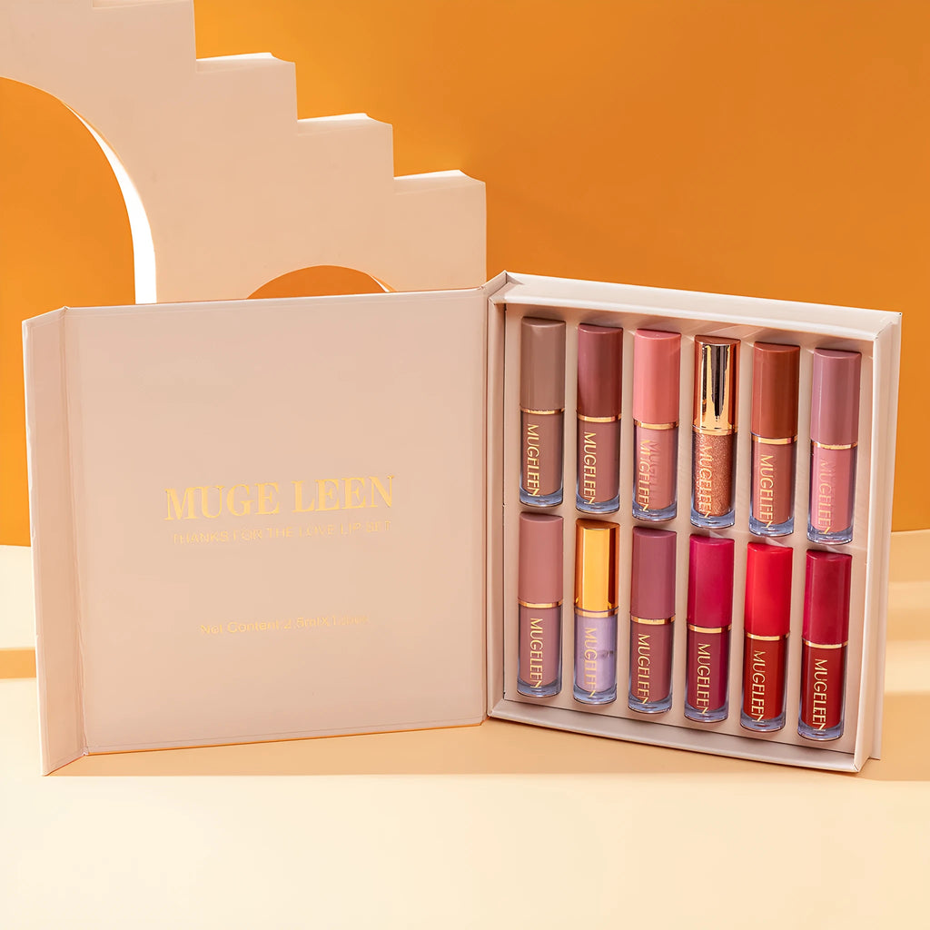 12-piece matte shimmer lip glaze set with nonstick cup property shown in packaging.