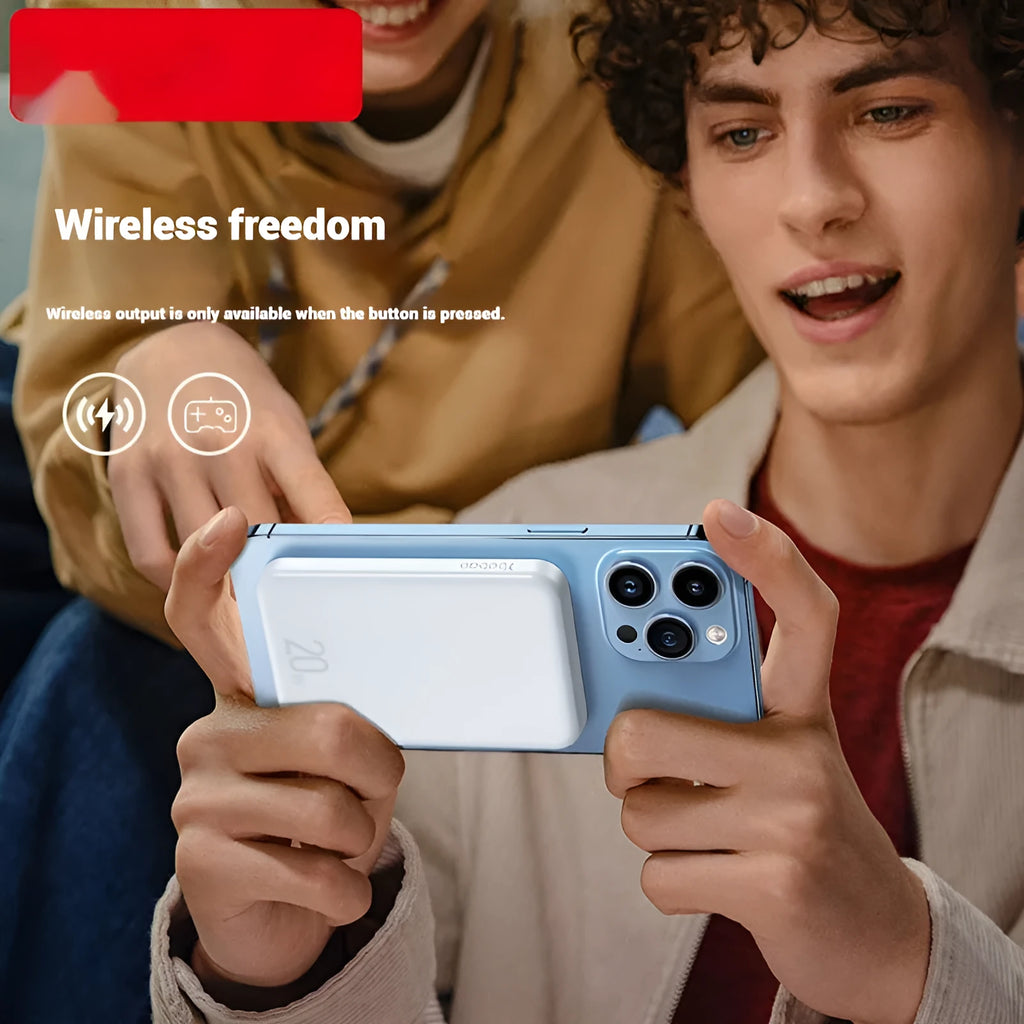 10000mAh magnetic wireless power bank in white, blue, or purple with Type-C port and compact design