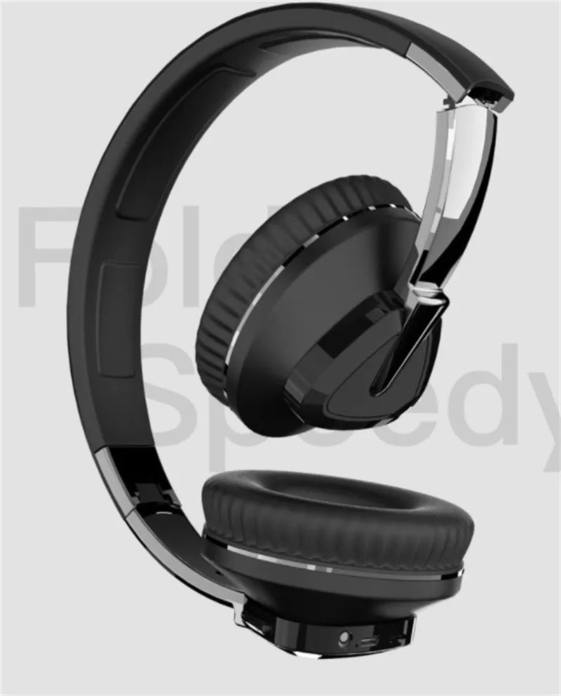 Black wireless over-ear headset with AUX cable and TF card slot, showing soft ear cups and control buttons.
