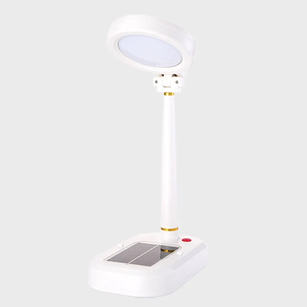 Ivory white solar table fan and LED study lamp combo with ABS shade and button controls
