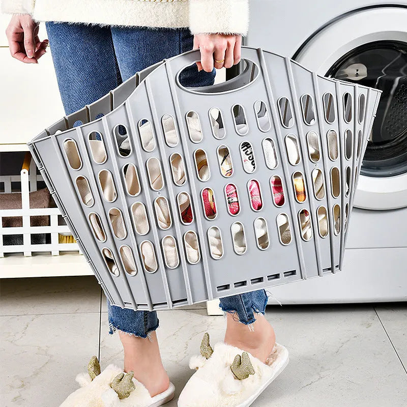 Blue plastic folding mesh dirty laundry basket shown in open position