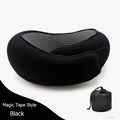 Navy blue U-shaped travel neck pillow with memory foam, shown rolled up next to its carry bag.