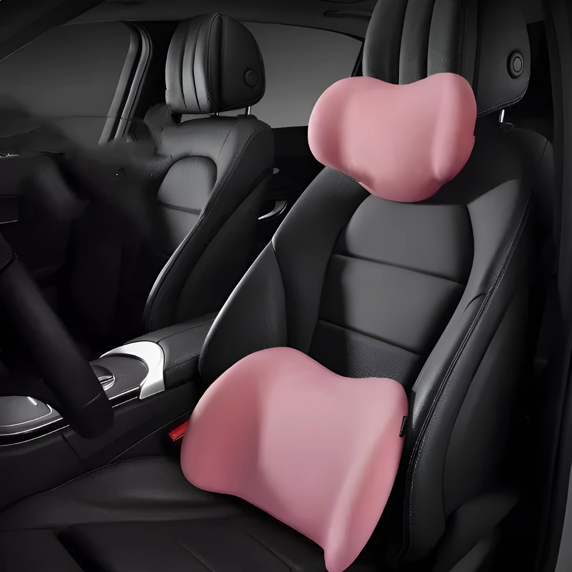 Memory foam car seat cushion set showing headrest, back rest, and waist support pieces in grey colour