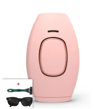 Home laser hair removal device in white, compact ABS body, 124x83x48.5mm, with UK plug adapter