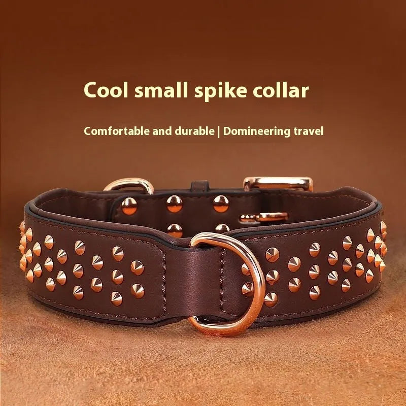 Leather dog collar with metal anti-bite rivets in chocolate, pink, or black colour for medium to large dogs