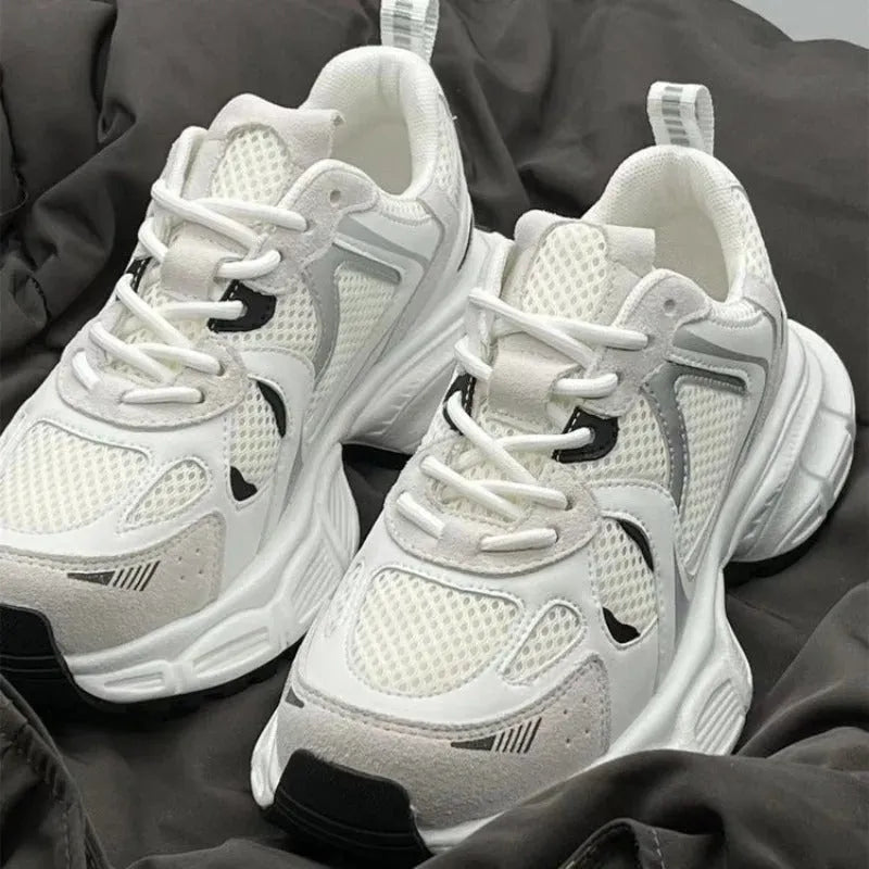 Polar Wave beige mesh platform shoes with wedge heel and lace-up design