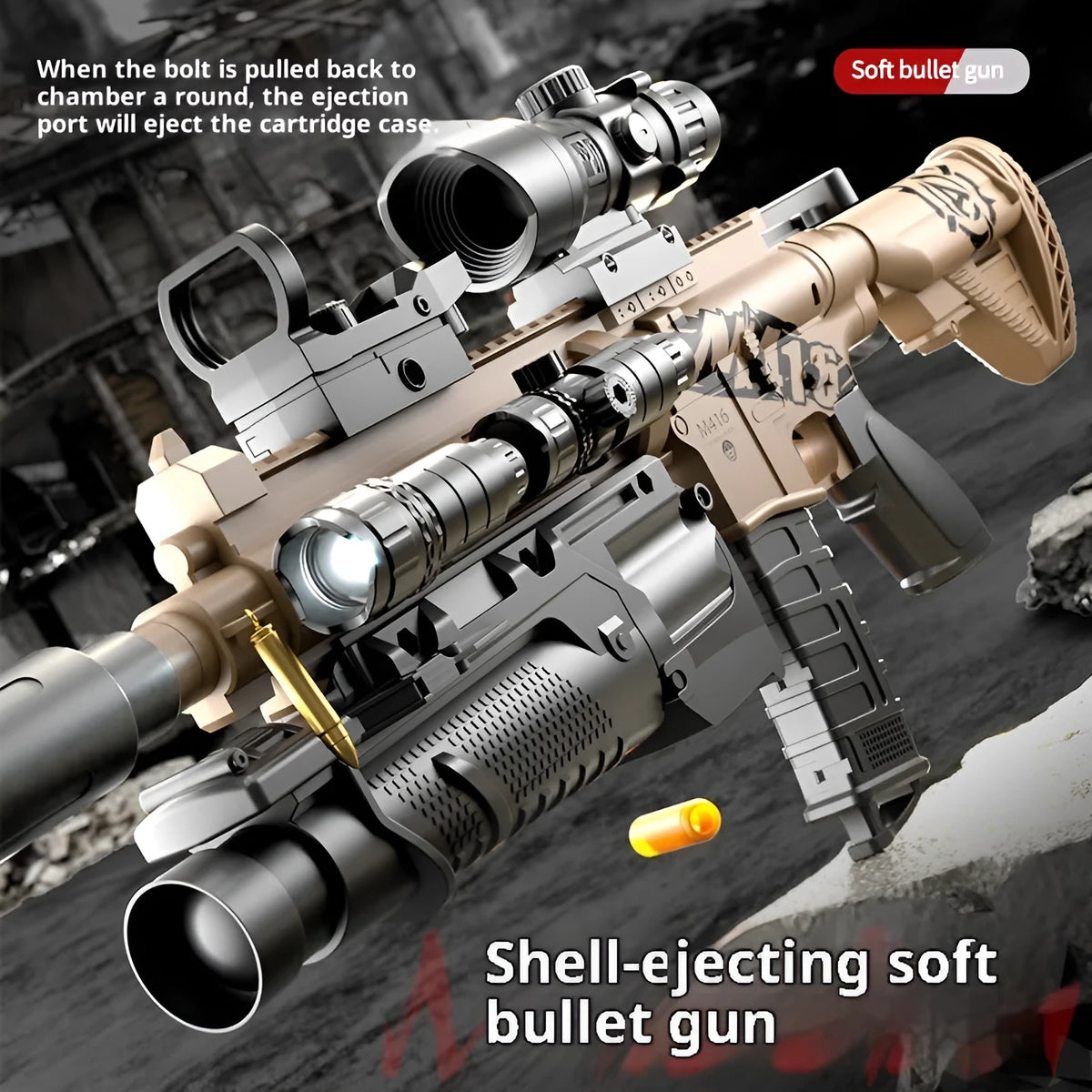 M416 toy soft bullet gun in sand colour with manual bolt throwing shell, plastic construction, includes accessories.