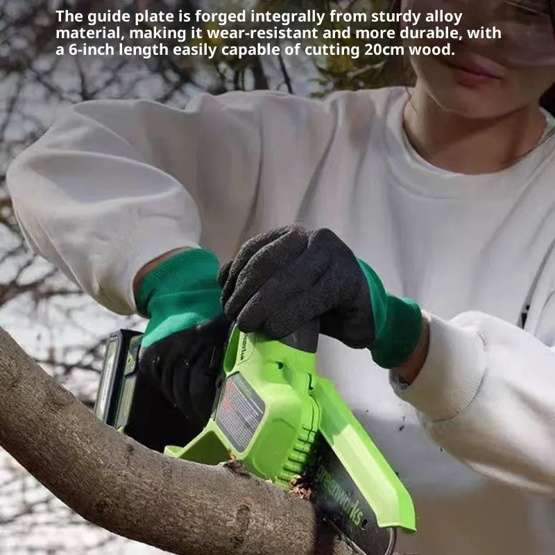 6-inch cordless electric chainsaw with 24V lithium battery, guide plate, and charger